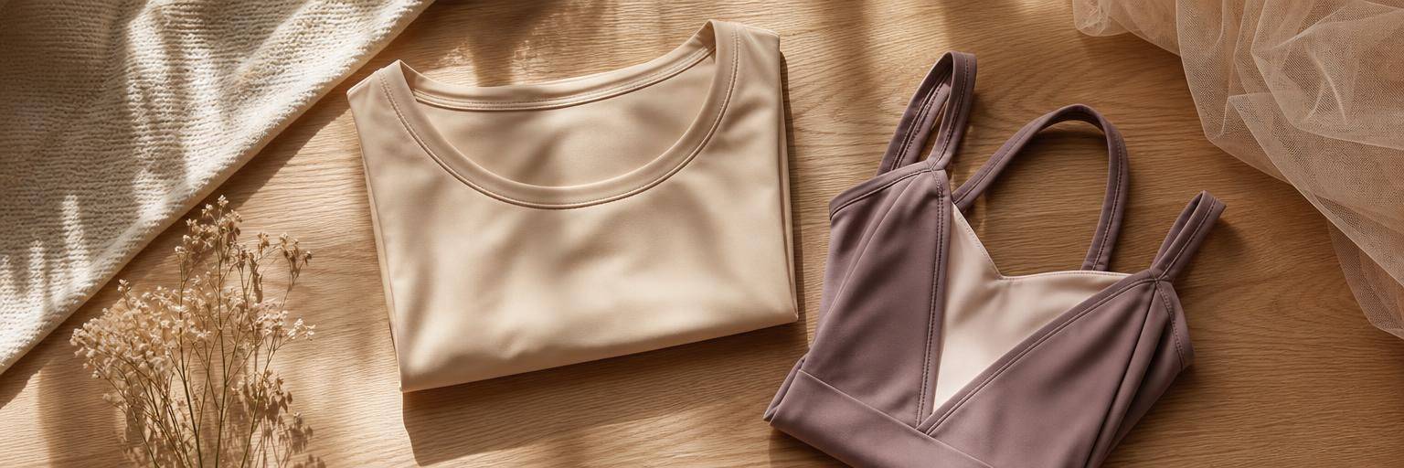 Overhead flat lay on a warm wood surface: a soft seamless nude compression undershirt folded neatly beside a folded dance leotard, conveying a comfortable sensory-friendly layering choice.