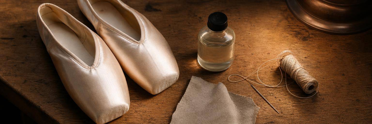 Overhead flat lay on a warm wood bench: a pair of satin pointe shoes beside a small bottle of shoe hardener with no readable label, a needle and strong thread, and a scrap of suede for the platform, the tools for making a pair last.