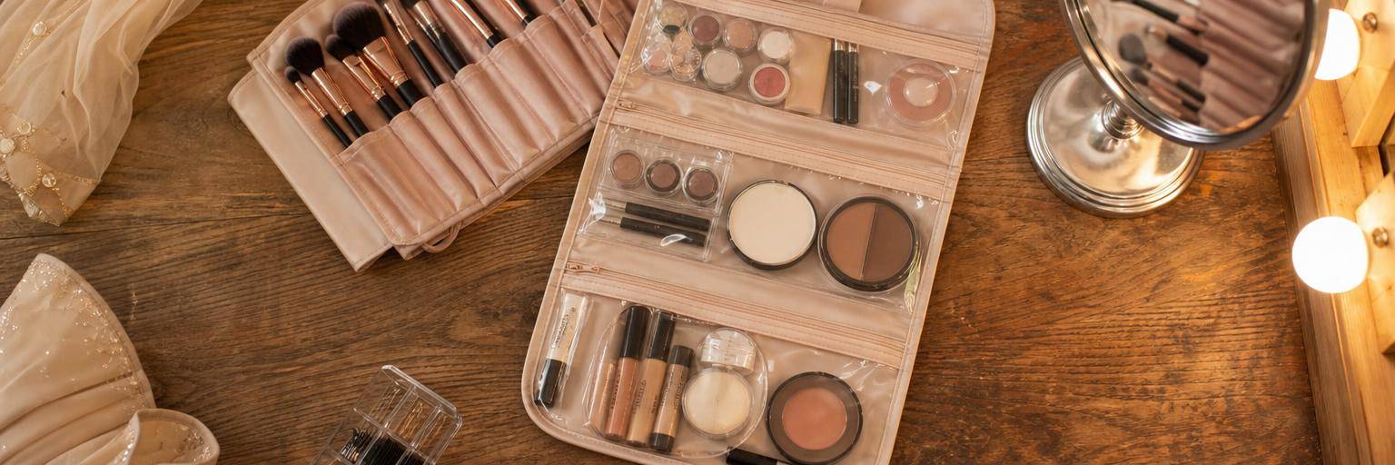 Overhead flat lay on a warm wood dressing-room table: an open hanging cosmetic organizer with neatly sorted competition makeup in its clear pockets, a brush roll, and a small mirror at the edge.