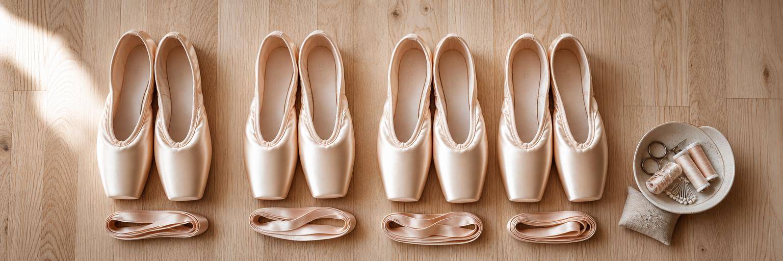 Overhead flat lay on a pale wood floor: four pairs of satin pointe shoes lined up in a row to suggest a summer-intensive supply, ribbons neatly coiled, a small sewing kit at one edge.