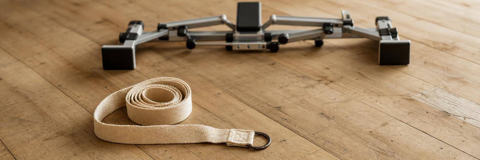 Overhead flat lay on a warm wood floor: a simple cloth stretching strap coiled in sharp focus in the foreground, with a folded metal leg-split stretching machine set further back and slightly out of focus, framing the strap as the gentler choice.