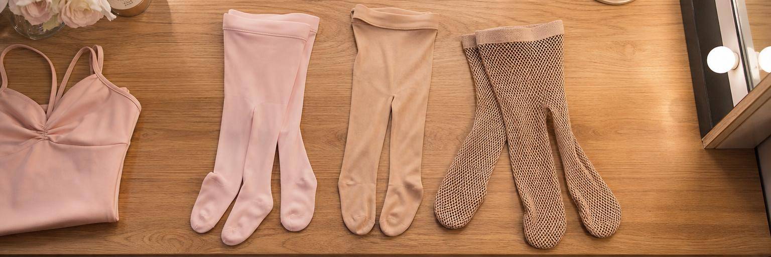 Overhead flat lay on a warm wood dressing-room counter: three pairs of dance tights laid side by side to show the choice, a pair of pink footed tights, a nude skin-tone pair, and a fishnet pair, with a folded leotard at the edge of the frame.