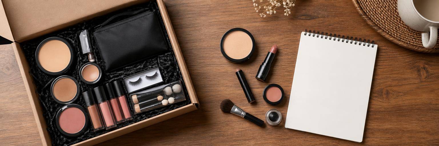 Overhead flat lay on a warm wood table: on one side a pre-bundled boxed team makeup kit, on the other a small stack of individual makeup products beside a blank notepad with no readable text, framing the buy-versus-list decision.
