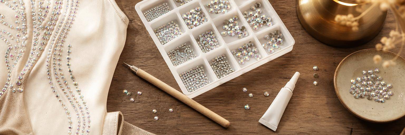 Overhead flat lay on a warm wood craft table: an at-home rhinestoning setup, a tray of loose rhinestones sorted by size, a wax pick-up pencil, a small adhesive tube with no readable label, and a costume piece partly stoned.