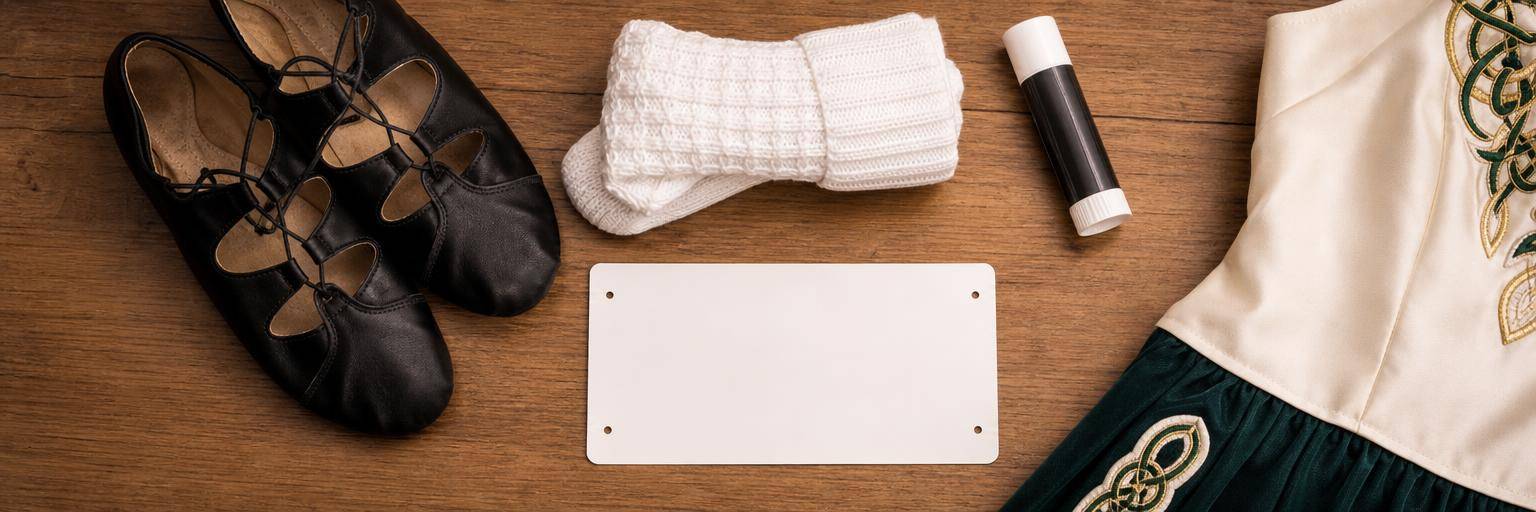 Overhead flat lay on a warm wood surface: the essentials for a first Irish feis arranged neatly, a pair of black ghillies, a rolled pair of white poodle socks, a sock-glue stick, and a blank competitor number card with no readable text.