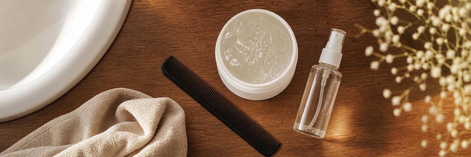 Overhead flat lay on a warm wood bathroom counter: a tub of strong-hold styling gel with no readable label, a fine-tooth comb, and a small spray bottle of water, the tools for a clean competition look.