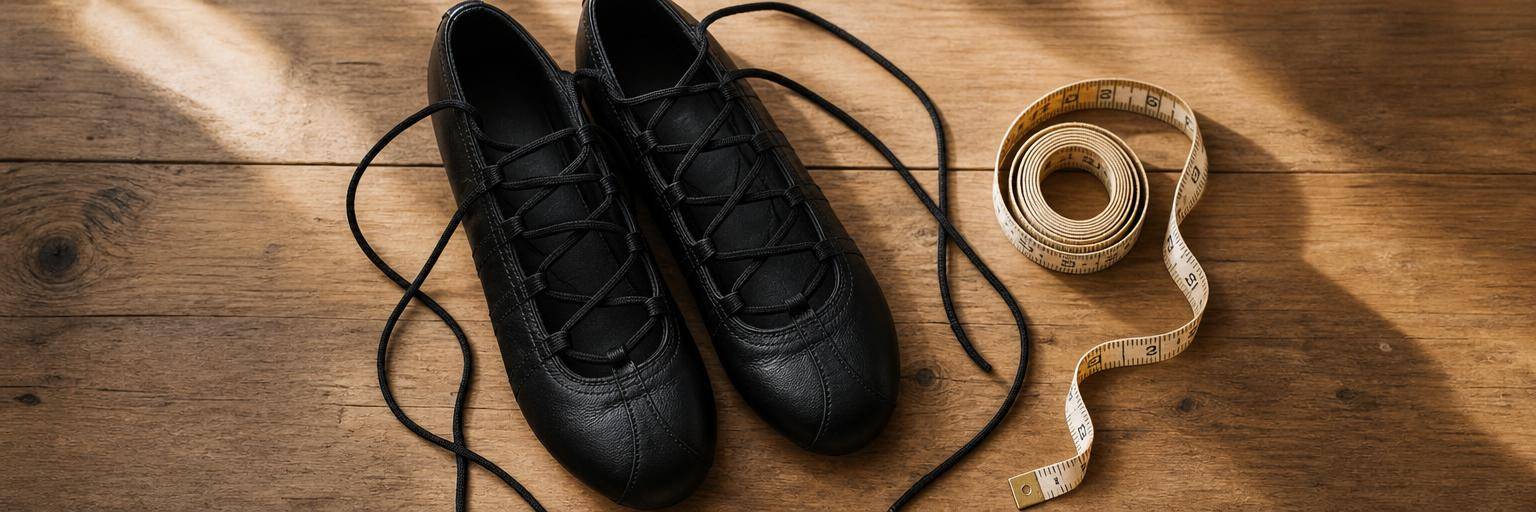 Overhead flat lay on a warm wood surface: a pair of black Irish dance soft shoes, ghillies, with their long laces neatly criss-crossed, set beside a coiled cloth tape measure.