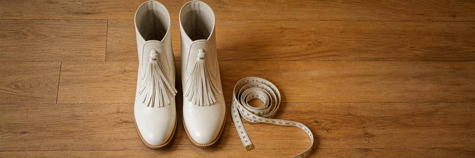 Overhead flat lay on a warm wood floor: a pair of white majorette dance-team boots with front tassels standing upright side by side, a coiled tape measure beside them.