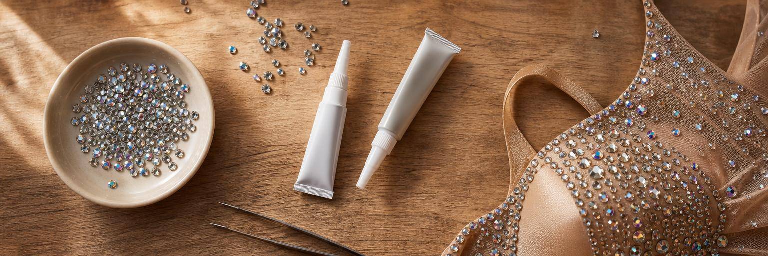 Overhead flat lay on a warm wood craft table: two small adhesive tubes with no readable labels, a scattering of loose rhinestones in a shallow dish, a pair of tweezers, and the corner of a sequined costume bodice.