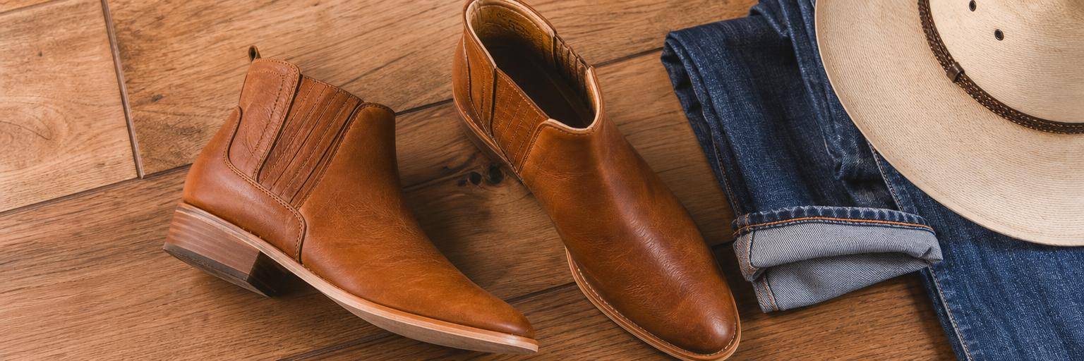 Overhead flat lay on a warm wood floor: a pair of low-heeled tan leather-soled dance boots suited to line dancing, set beside a folded denim cuff and the brim of a hat at the edge of the frame for a country mood.