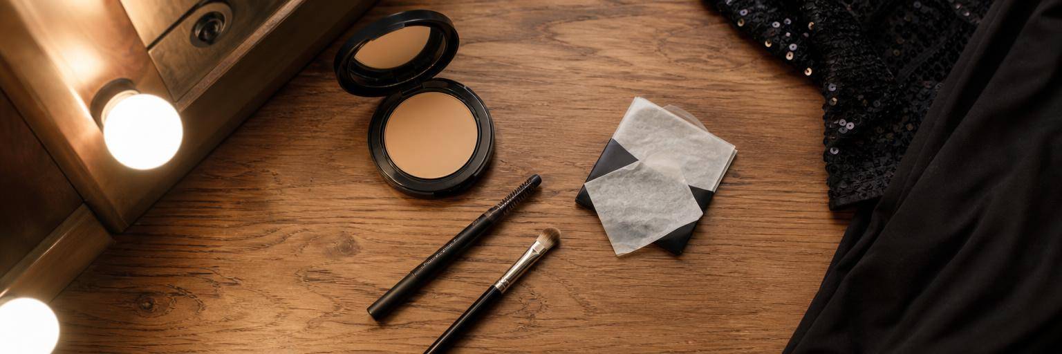 Overhead flat lay on a warm wood dressing-room counter: a minimal boy's stage-makeup set, a compact of neutral foundation, a brow pencil, a small brush, and a packet of blotting tissue, no readable brand text.
