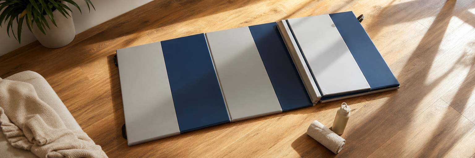 Overhead view of a sunlit home practice corner: a folded blue-and-grey panel tumbling mat partly unfolded on a wood floor, a water bottle and a rolled towel beside it.